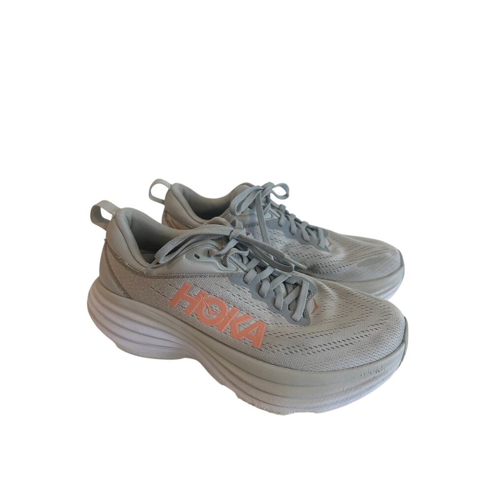 Hoka Women’s Bondi 8 Wide Gray Peach Sneakers Running Shoes Sz 7.5D Light Use